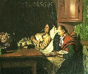 Michael Ancher ved en sygeseng, en ung pige lceser for den gamle kone i alkoven Sweden oil painting artist